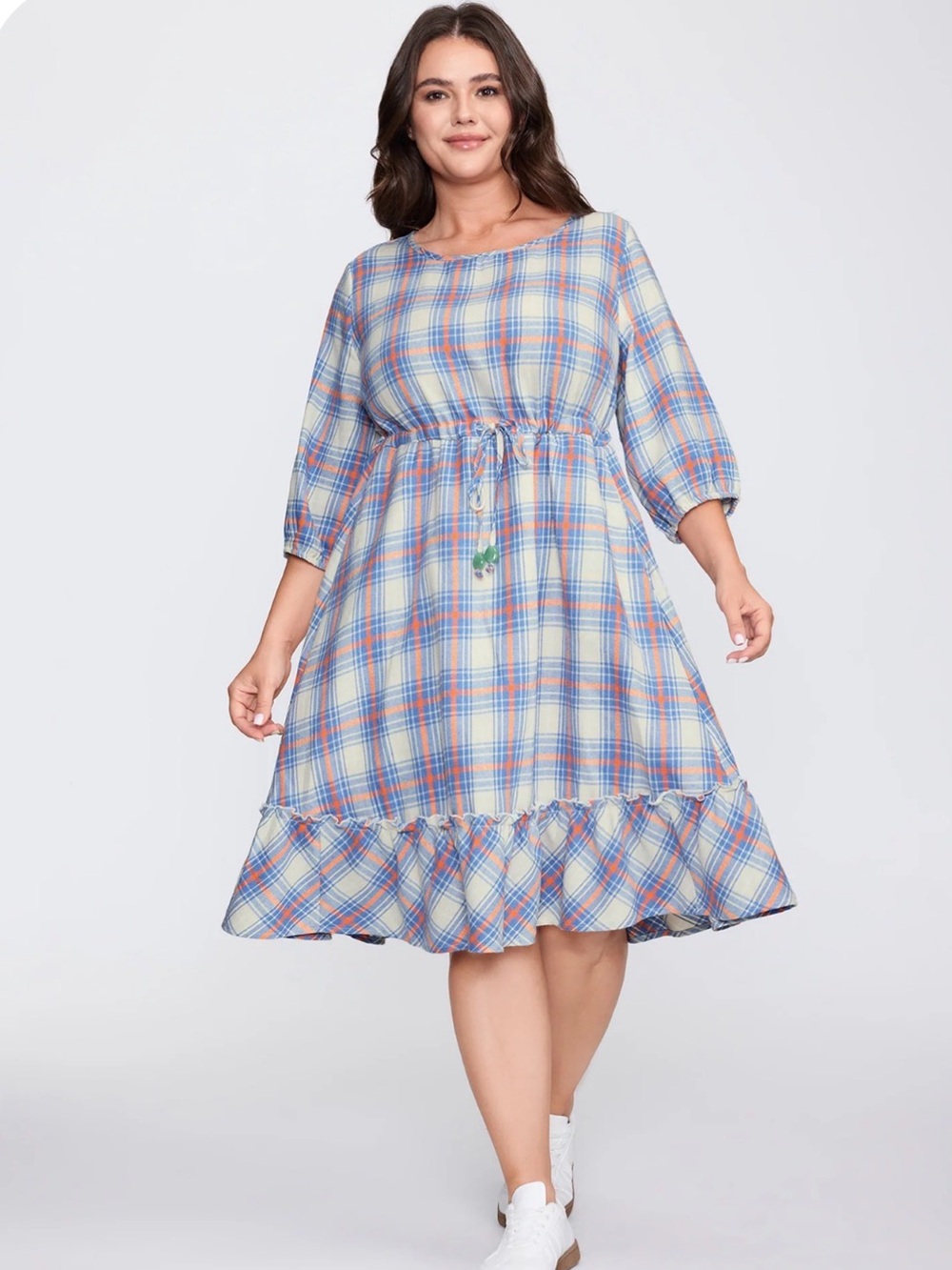 Plaid Print Drawstring Waist Pockets Midi Dress